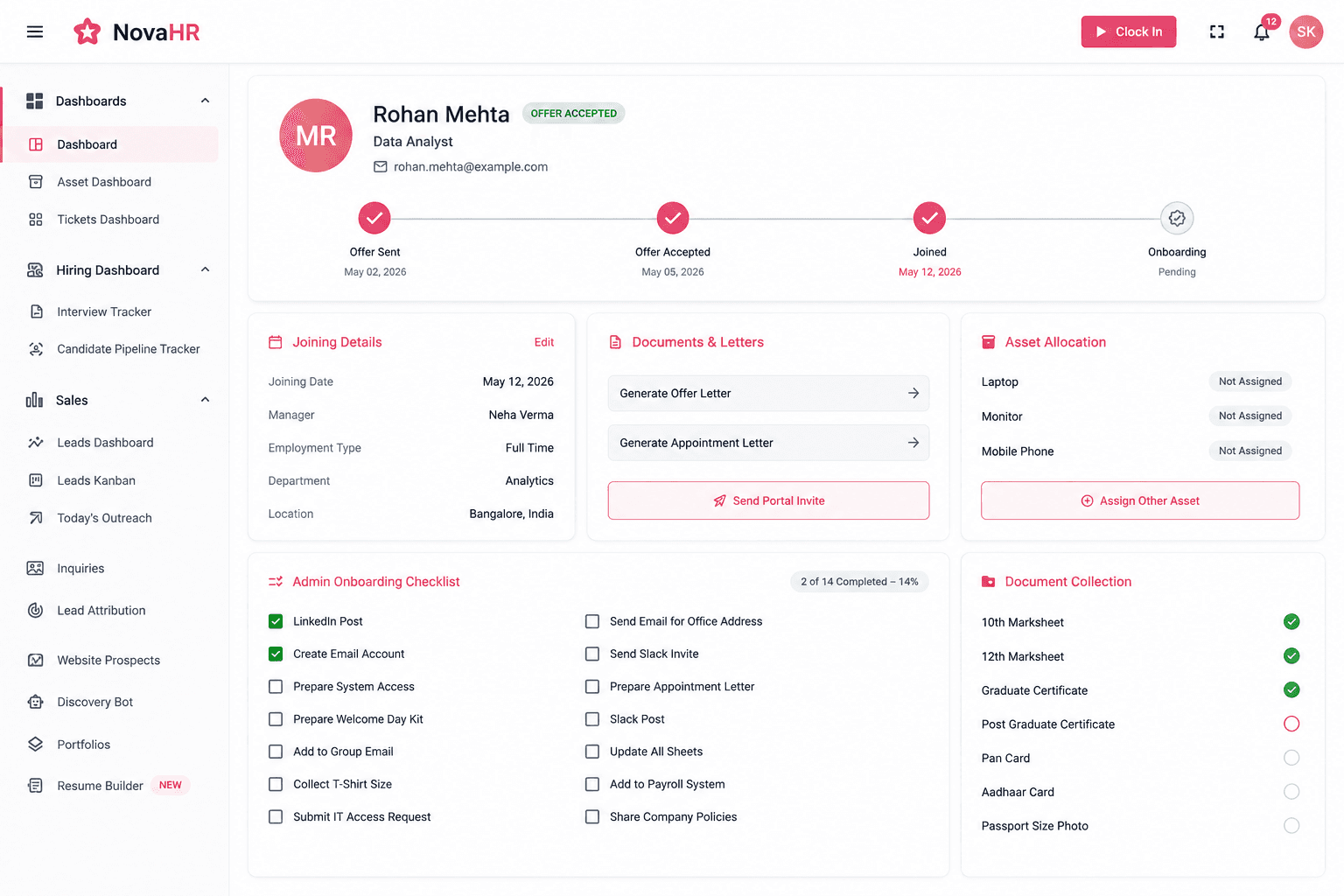 HRMS employee profile and attendance dashboard with monthly working hours
